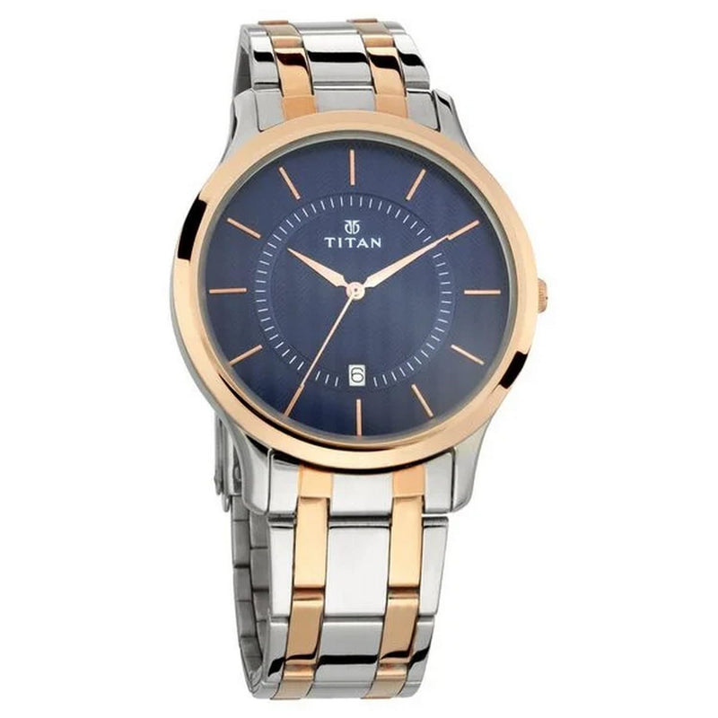 Titan Karishma Quartz Analog With Date Blue Dial Two Toned Silver & Rose Gold Stainless Steel Strap Watch for Men - NT1825KM01
